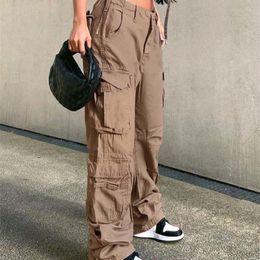 Tweedelige broek met dames Rapcopter Jeans Kargo Saku Besar Ruched Celana Panjang Berbinggang Coklat Muda Fashion Streetwear Denim Jogger Wanita 230515