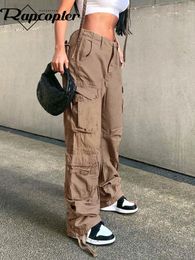 Pantalon deux pièces pour femme Rapcopter froncé grandes poches Cargo jean rétro sportif taille basse pantalon marron clair mode Streetwear Denim Jogger 230520