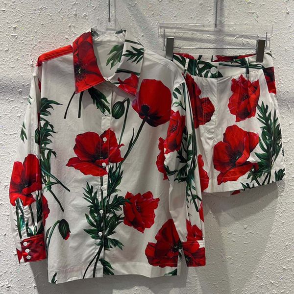 Pantalones de dos piezas para mujer Rojo RoosaRosee Moda Algodón Twinset Vintage Turn down Collar Imprimir Blusa Pantalones cortos Trajes de resort Conjunto 2023 Primavera Verano Mujer 230720