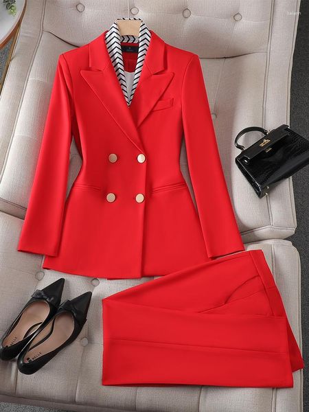 Pantalones de dos piezas para mujer Rojo Blanco Negro Moda Mujer Pantalón Traje Oficina Señoras Chaqueta de negocios Blazer y pantalón Ropa de trabajo femenina Formal 2