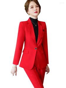 Pantalones de dos piezas para mujer Rojo Blanco Negro Mujeres Ropa de trabajo de negocios Traje de pantalón Oficina formal Damas de manga larga Blazer y pantalón Mujer Slim 2