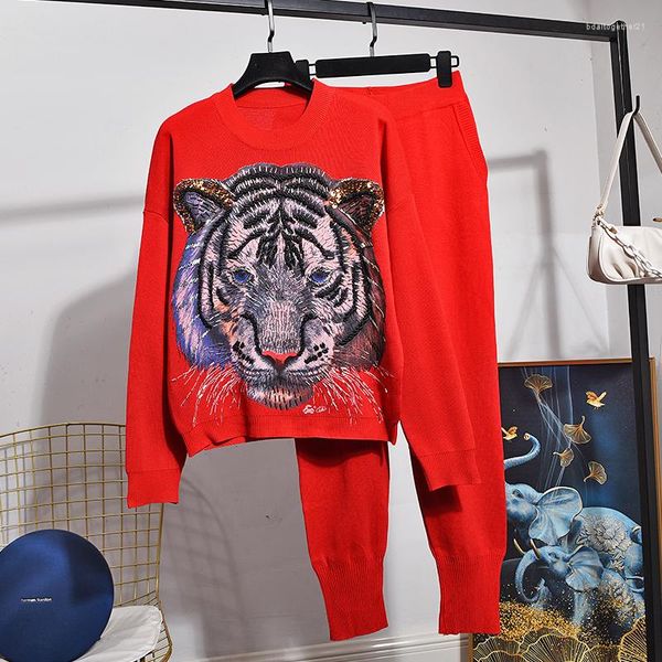 Pantalones de dos piezas para mujer, chándales de punto rojo, blanco, gris y negro, suéter suelto hecho a mano con abalorios y estampado de tigre, trajes de lápiz para mujer