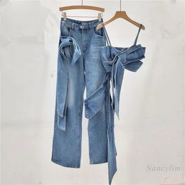 Tweedelige broek voor dames retro versleten uitgewassen driedimensionale strik decoratieve jeans losse cool vest camisole straatstijl tweedelige set