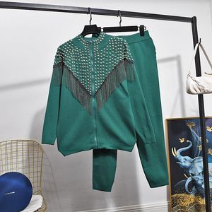 Pantalon de deux pièces pour femmes Rivet chaîne gland tricot survêtements tenues femmes lâche bleu rouge noir cardigan à fermeture éclair pull crayon ensemble femme stre