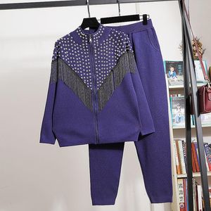 Femmes Deux Pièces Pantalon Rivet Chaîne Gland Tricot Survêtements Tenues Femmes Lâche Casual Rouge Noir Fermeture Éclair Cardigan Pull Long Ensemble Femme Stre