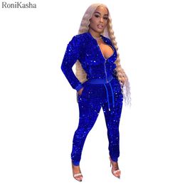 Dames tweedelige broek Ronikasha Velor Tracksuit Dames Sequin 2 Outfit Lange mouw Zip Up Jacket en Jogger Sweatsuits Set