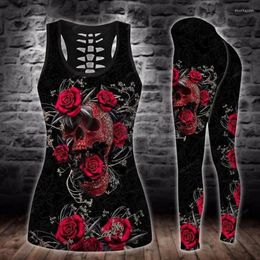 Pantalon de deux pièces pour femmes Rose Flower Skull 3D Débardeur imprimé Legging Combo Outfit Yoga Fitness Femmes