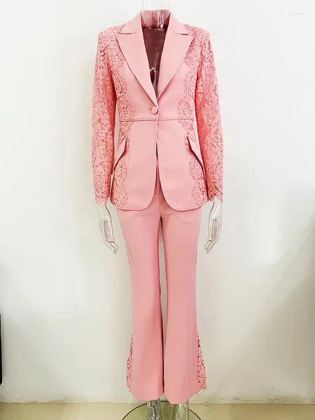 Pantalon deux pièces pour femmes, costume d'épissure en dentelle Rose, coupe cintrée, un bouton, ensemble évasé, tenues d'affaires formelles