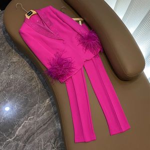 Pantalon de deux pièces pour femmes Rose rouge col châle lourd fait plume patchwork blazer crayon femmes ensemble mode haute rue fête dame costume 231219