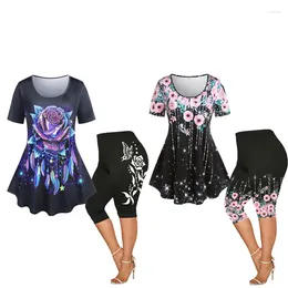 Pantalon de deux pièces pour femmes Roseagl Plus Taille Femmes Tenues Assorties Ensemble 3D Papillon Floral Imprimé Colorblock Tees et Capri Leggings aussi