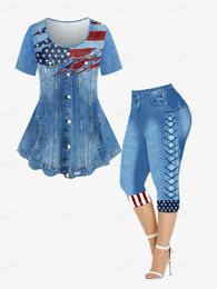 Pantalons Deux Pièces Femme ROSEGAL Tenues Grande Taille Jeans 3D T-shirt Imprimé Drapeau Américain Et Leggings Capri Graphique Patriotique Oversize Assorti