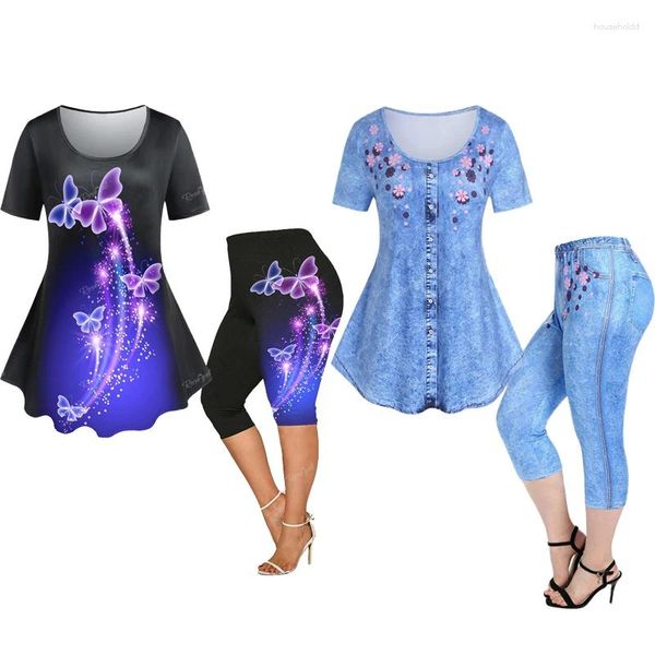 Pantalons de deux pièces pour femmes ROSEGAL Plus Taille T-shirt imprimé 3D et leggings Capri Ensemble assorti est trop grand motif floral papillon Tenues pour femmes