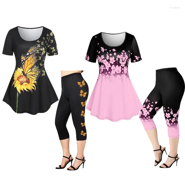Pantalon de deux pièces pour femmes Rosegal Plus Taille 3D Tenue imprimée Femme Colorblock Costume Floral Graphic Tee et Capri Leggings est trop grand