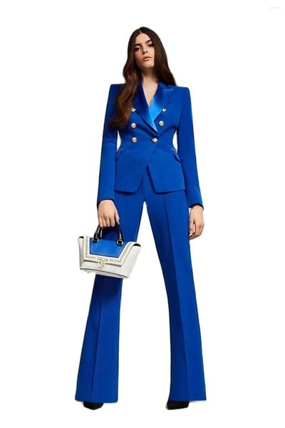 Pantalones de dos piezas para mujer, traje de mujer con doble botonadura azul real, diseño acampanado personalizado 8-24, chaqueta para mujer, pantalones, ropa de fiesta, negocios