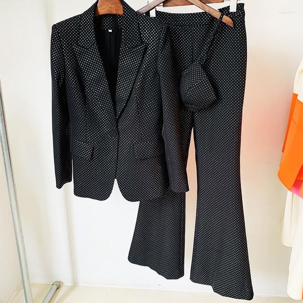 Pantalones de dos piezas para mujer, Blazer negro con diamantes de imitación completos de pasarela, trajes de 3 piezas, corsé con tirantes, conjuntos de pantalones sexys de microlongitud con un botón, lujo