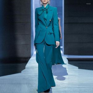 Dames tweedelige broek runway runway dames blazer pakken blauw lange mouw shirt pant suit 3 stcs set 210918llj06