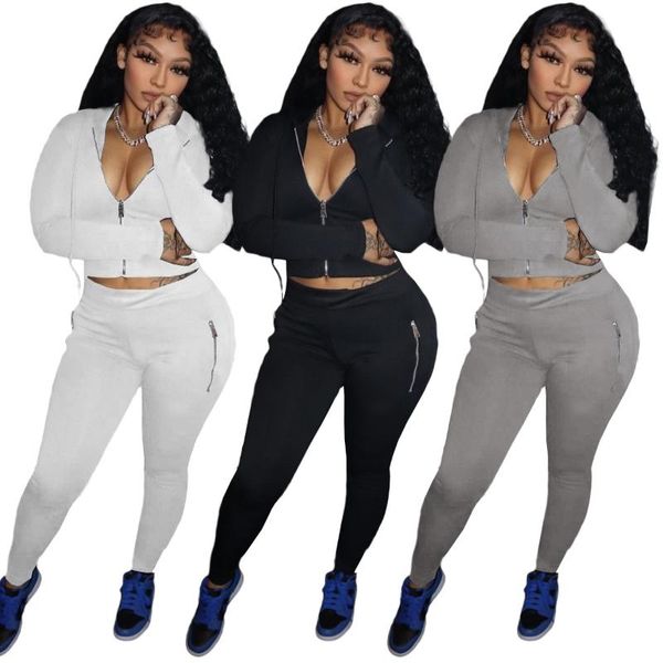 Femmes deux pièces pantalons S-2XL 2021 mode ensembles couleur unie à manches longues Sport sweats à capuche femmes avec poches en gros goutte