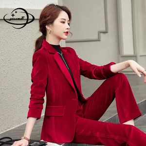 Pantalon de deux pièces pour femmes S4XL Femmes Pantalon Costumes Printemps Automne Femme Blazer Vêtements Ensemble Coatpants 2pcs À Manches Longues Or Velours Dames Vêtements H162 231206