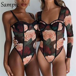 Dames tweedelige broek Sampic Zie hoewel mesh sexy bloemenprint lange mouw bodysuit dames club skinny herfst zomer tops 2023 vrouwelijk lichaam