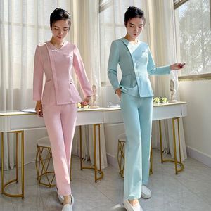 Pantalon deux pièces pour femmes Sauna Massage Femme Réceptionnistes Automne Vêtements de travail Bain de pieds Technicien Uniforme Costumes Salon de beauté Travail à manches longues