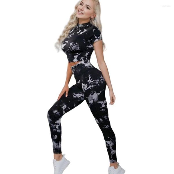 Pantalon deux pièces femme sans couture Fitness femmes Yoga costume gymnastique cravate teinture Push Up séchage rapide vêtements ensemble femme noir haut court entraînement