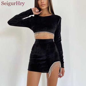 Pantalon de deux pièces pour femmes SeigurHry Femmes Dos Nu Sexy Crop Top Moulante Mini Jupe 2 Pièces Ensemble Tenues Robe À Manches Longues Gland Fendu Corset Casual T221012