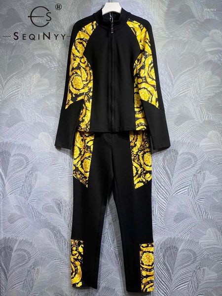 Pantalon de deux pièces pour femmes SEQINYY Costume décontracté noir Printemps Automne Design de mode Femmes Runway High Street Veste Vintage Golden Flower Print