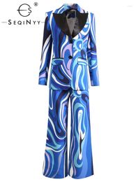 Pantalon féminin à deux pièces Seqinyy Blue Costume Spring Automne Design Fashion Design Femme Femme Blazer Flare Vintage Print Office Lady Elegant