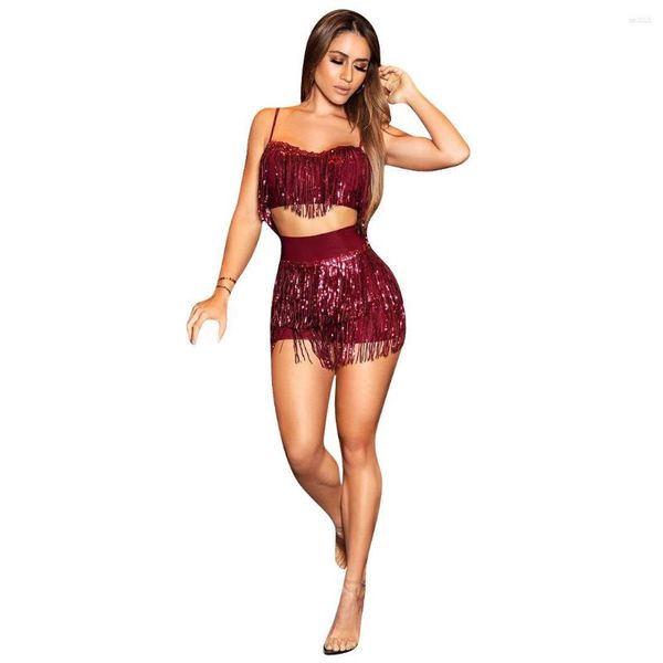 Pantalon deux pièces pour femmes Tassel pailleté 2 Set Femmes Festival Vêtements Spaghetti Strap Crop Tops Bodycon Shorts Ensembles Sexy Party Club Outfits