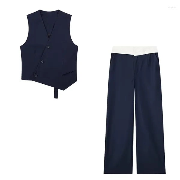 Série de pantalons deux pièces pour femmes: gilet asymétrique et série de taille contrastée, jambe droite, ensemble d'affaires de banlieue, à la mode