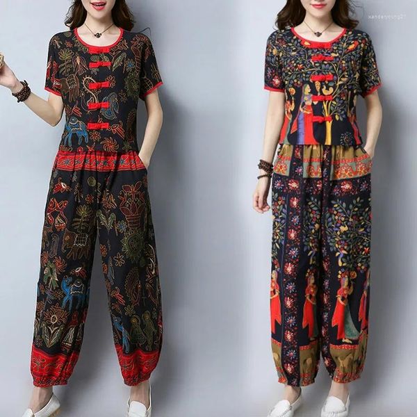 Conjunto de pantalones de dos piezas para mujer, ropa de mujer de talla grande holgada de verano 2023, Tops de manga corta, prendas tradicionales chinas, traje de ocio de algodón