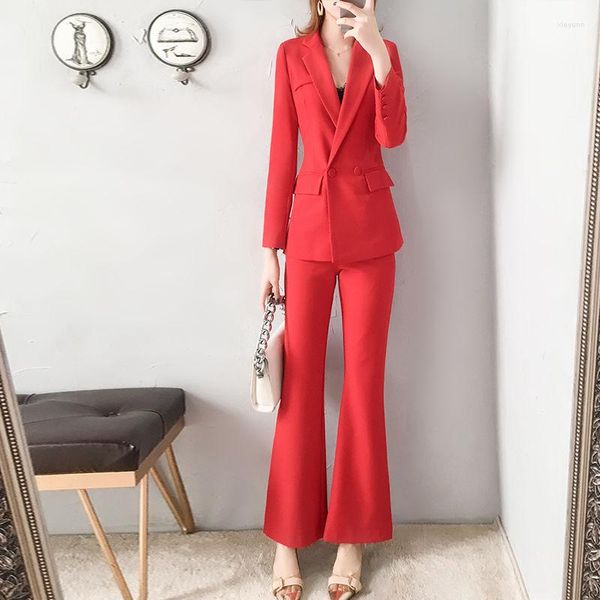 Conjunto de pantalones de dos piezas para mujer Blazer y traje de pantalón rojo Conjunto de 2 pantalones de mujer sexy Pierna ancha Elegante con manga Xxl Sastre