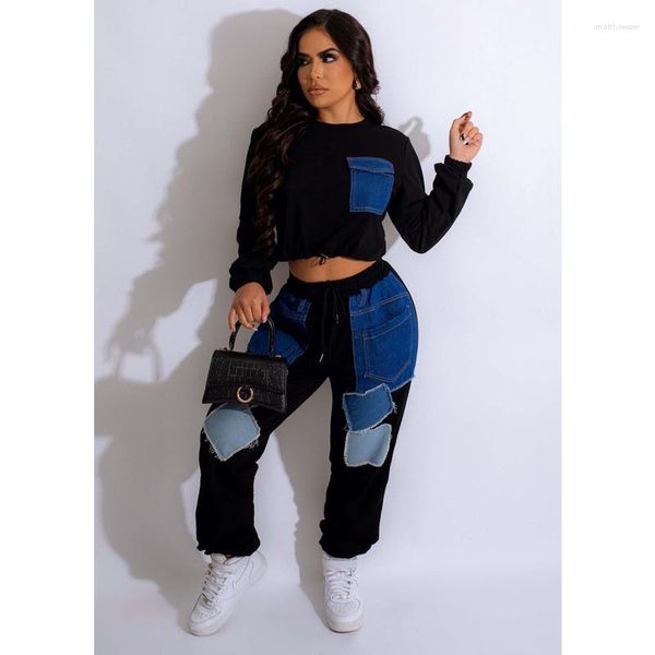 Femmes deux pièces pantalons ensemble femmes automne hiver vêtements Sexy épissage col rond haut court ensembles salon Club tenues Streetwear en gros