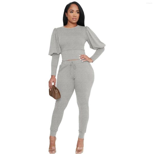 Femmes Deux Pièces Pantalon Ensemble Femmes Lanterne Manches Corset Crop Tops Et Pantalon Costume 2023 Automne Solide Mode Casual 2 Survêtement Tenues