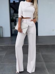 Pantalon de deux pièces pour femmes Ensemble Femmes Outfit 2023 Mode d'été Plaine Col Mock Demi-manches Crop Top Élégant Design de poche Boutonné Travail