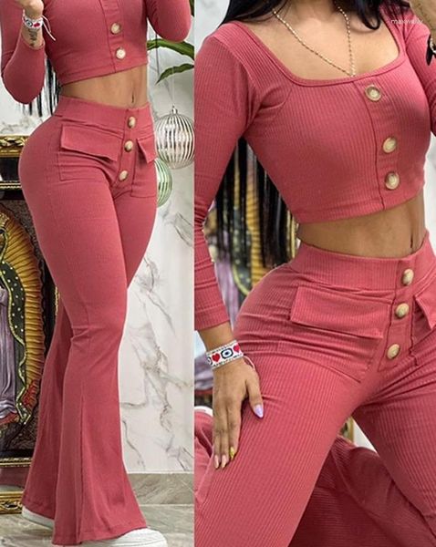 Conjunto de pantalones de dos piezas para mujer, conjunto de otoño 2023, cuello cuadrado, manga larga, Top abotonado, diseño de bolsillo a la moda, ropa informal acampanada