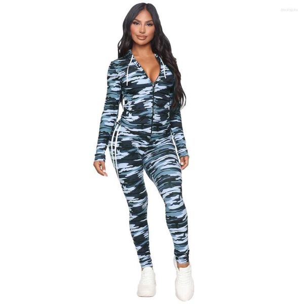 Femmes deux pièces pantalons ensemble femmes fermeture éclair à capuche Pantalon automne 2023 femmes mode militaire Camouflage imprimer survêtements ensembles assortis