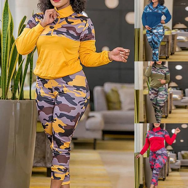 Ensemble pantalon deux pièces pour femmes, vêtements de sport, pull à manches longues, imprimé Camouflage, combinaison de neige, tenue 2 pièces