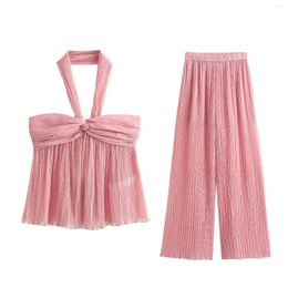 Femmes deux pièces pantalons ensembles été rose ensemble Sexy mode hauts à licou solide élégant Trafza Ins femme Blouses costume Y2k Blusas