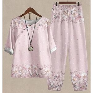 Pantalons de deux pièces pour femmes Ensembles Femmes O Cou Demi-manches Costume Fleur Imprimer Élégant Dames Tops Été Femme Tenues Taille Haute Lâche