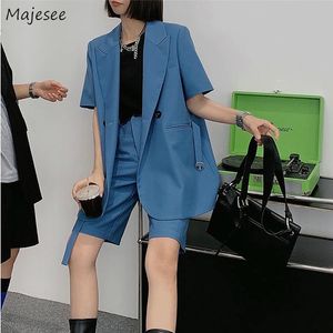 Tweedelige broek voor dames sets vrouwen outfits zomer solide longstyle kantoor dame Koreaanse stijl geknipt eenvoudig ontwerp losse blazer en pure shorts 2 stuks 230228