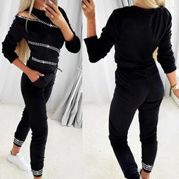 Tweedelige damesbroeksets Damesbroekset Ronde hals Volledige mouw Casual losse tops Splice Lace Up Elastische taille Recht Lang