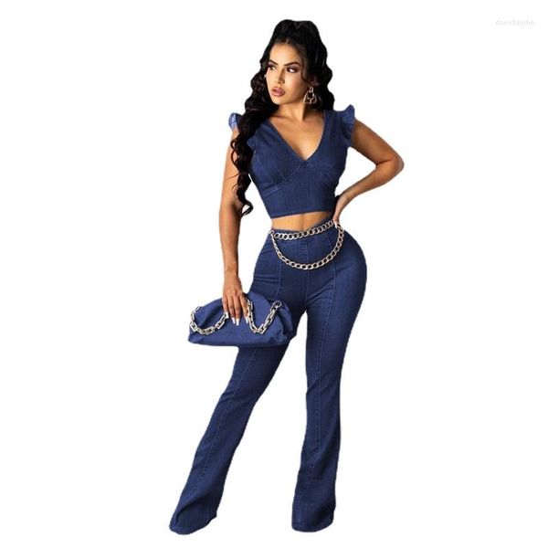 Pantalones de dos piezas para mujer Sexy 2 Set Mujeres Denim Summer Ruffles Corset Crop Top y Bottom Jeans Flare Pantalón Traje Conjuntos a juego Trajes