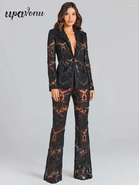 Pantalon deux pièces pour femmes, ensemble de costume sexy à paillettes, avec col polo, manches longues, coupe cintrée, manteau évasé, automne