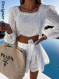 Vrouwen Tweedelige Broek Sexy Beach Party Lace Shorts Outfits Vierkante Kraag Korte Mouwen Crop Tops En Pak Set 230809