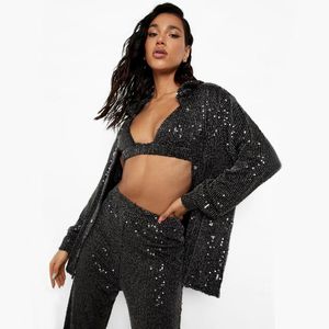 Pantalon deux pièces pour femmes tenues décontractées sexy femmes paillettes scintillantes 3 ensemble paillettes Maxi Cardigan Blazer et jambe large avec sous-vêtements FashionWome