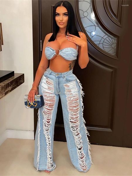 Pantalon de deux pièces pour femmes Sexy Denim Survêtement Femmes 2 Set Tenues Vêtements d'été Dos nu Crop Top et Trou Gland Jean Costumes Femme Ensembles