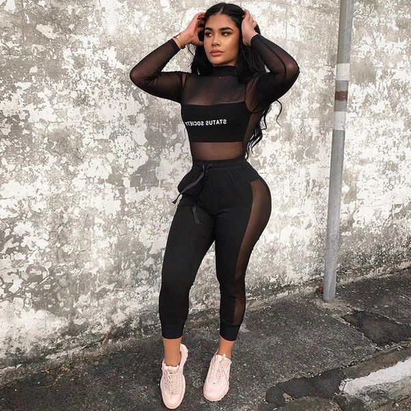 Pantalon de deux pièces pour femmes Sexy Mesh Set Tenues assorties Discothèque 2 pièces Costume Jogger Voir à travers creux Transparent Femmes Vêtements Club