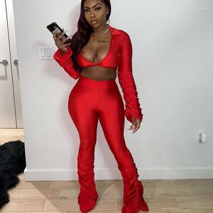 Pantalon deux pièces pour femmes Sexy Peice Set pour femmes Ensembles assortis Club Wear Ruched Stacked Flare Sleeve Crop Top And Party Birthday Co Ord