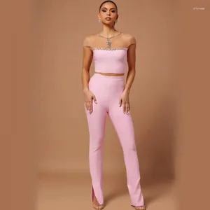 Tweedelige broek voor dames sexy strass top magunny mode casual zoet roze taille verbonden verbandpak